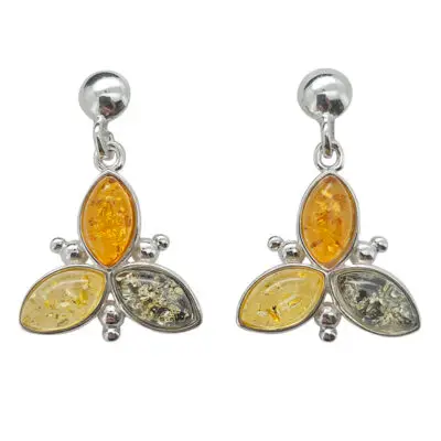 Amber Flower Earrings, Sterling Silver